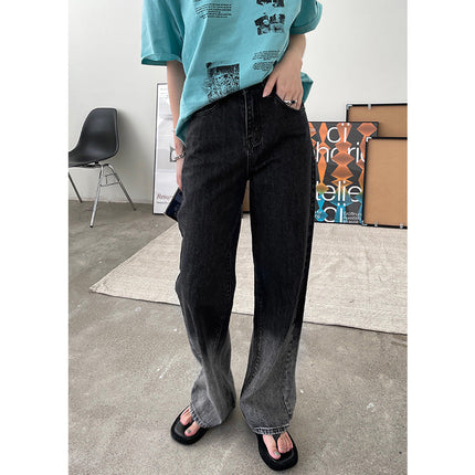 Gradient High Waist Washed Dark Skinny Washed Straight Jeans Trousers Women