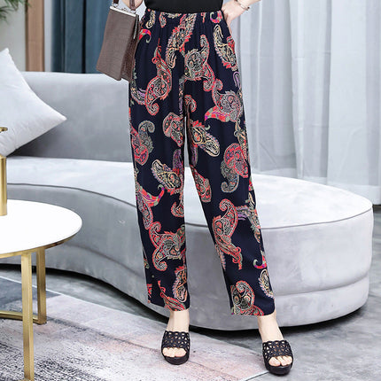 Vibrant Red & Blue Floral Cotton Linen Bloomers | Plus Size Breathable Mother Pants High-Waisted Comfort Slacks