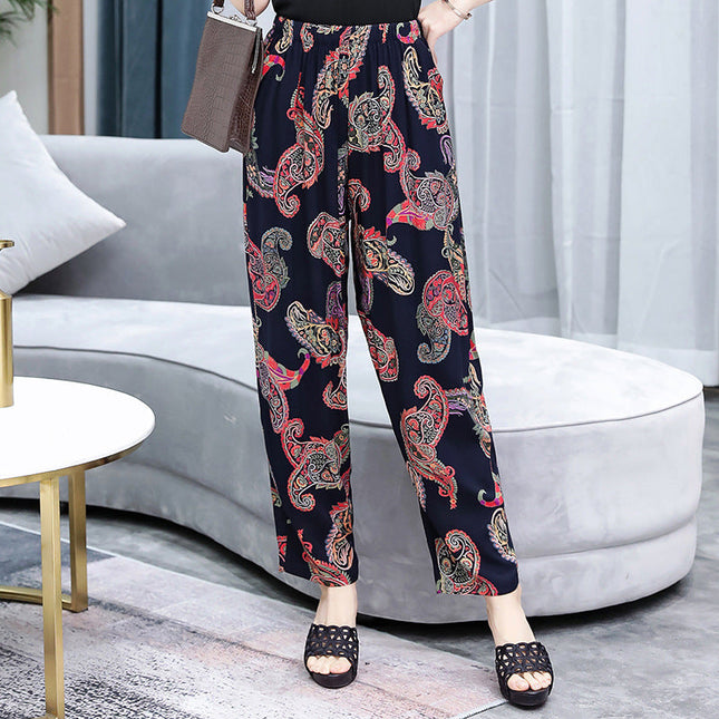 Vibrant Red & Blue Floral Cotton Linen Bloomers | Plus Size Breathable Mother Pants High-Waisted Comfort Slacks