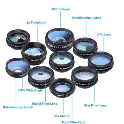 APEXEL Phone lens kit universal 10 in 1 Fisheye Wide Angle macro Lens CPL Filter Kaleidoscope+2X telescope Lens for smartphone