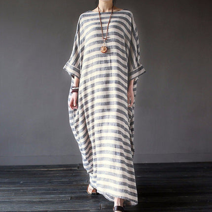 Cotton And Linen Stripes Loose Plus Size Long Dress