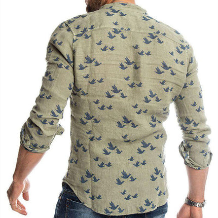 3D printed linen colorblock stand collar shirt