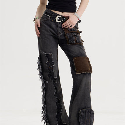 Women's American-style Retro Tassel Patch Stitching Jeans