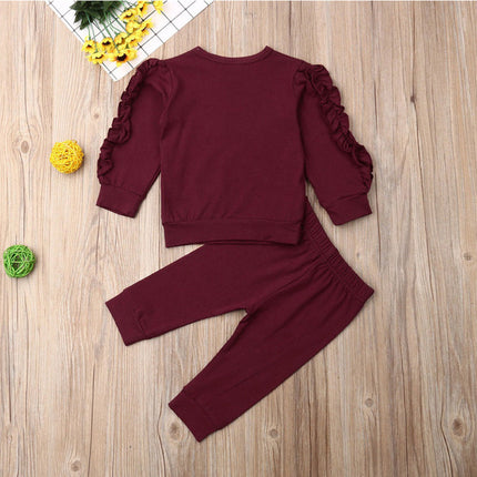 Newborn Baby Boys Girls Ruffles Jumper Solid Long Sleeve Sweatshirt Tops Pants Infant Kids 2Pcs Outfits Clothes Set Fall Clothes