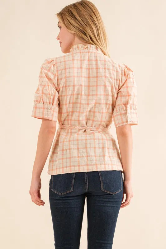 And The Why Plaid Patterned and Ruffled Wrap Blouse Top