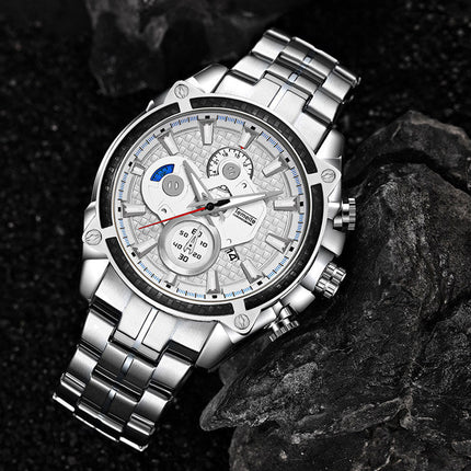 men''s watch fake three eyes luminous men''s watch fashion casual steel band waterproof watch t504g