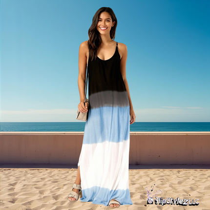 New Blue tie dye pattern Summer Strap Loose Split Vest Dress for women