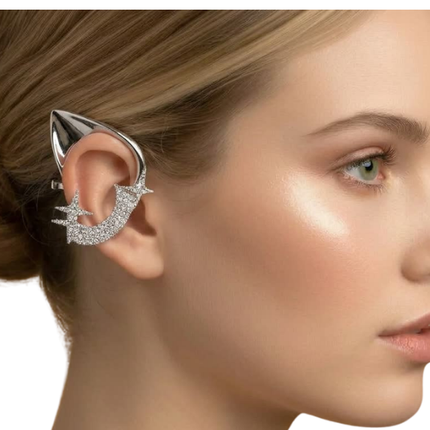 Silver Elven Ear Cuff Earrings | Shooting Star Crawler Studs with Pave Zirconia | Gothic Fairy Wing Jewelry | Celestial Wrap Studs for Women