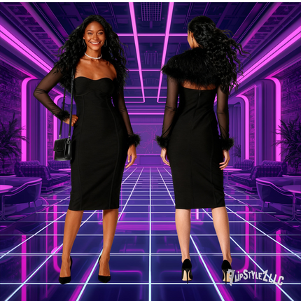 New sexy BLACK evening Feather Patchwork Waist-slimming Slimming Dress night club dress