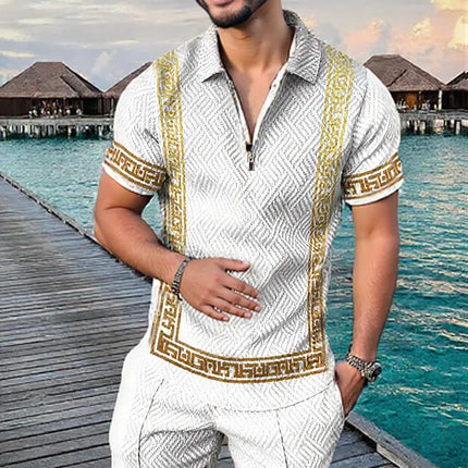 Men's Summer Fashion 3D Printed Short Sleeve Geometric Zip Lapel Shirt Set