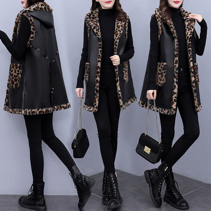 Plus Size Women's Leopard Rabbit Plush Vest Coat