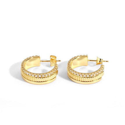 New Ace Luxe 14K Gold Zircon Gear Hoop Earrings | Stylish Ribbed Gold Huggies with Cubic Zirconia Accents