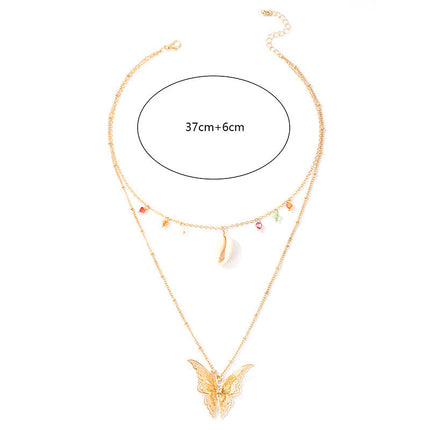Simple Retro Ethnic Butterfly Shell Color Beads 2 Layer Necklace