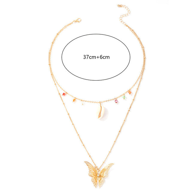 Simple Retro Ethnic Butterfly Shell Color Beads 2 Layer Necklace