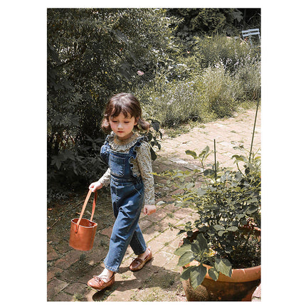 Children Girl Lotus Shoulder Denim Jumpsuit