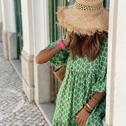 Summer Women's Vintage Printed Bohemian Dress Elegant Ladies Casual Loose V-Neck Short Sleeve Long Dresses