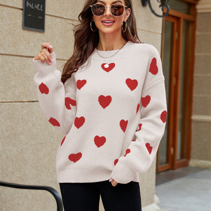 New Valentine's Day Heart Round Neck Plus Size Loose Women's Knit Sweater