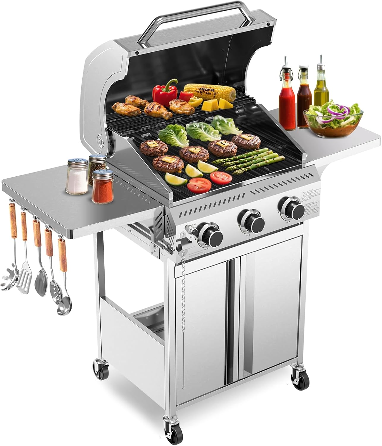 3 & 4-Burner Propane Gas Grills with Side Burners, for Outdoor Cooking, BBQ, Patio, Camping