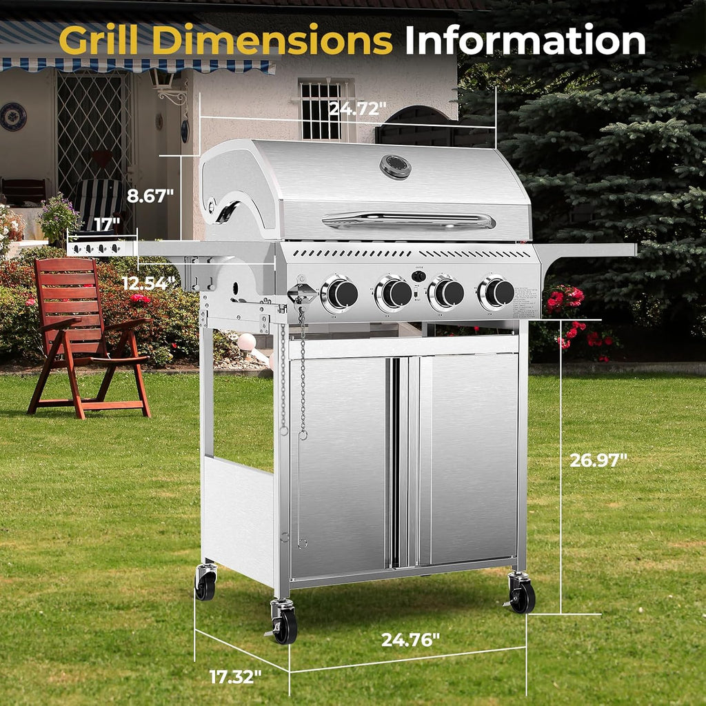 3 & 4-Burner Propane Gas Grills with Side Burners, for Outdoor Cooking, BBQ, Patio, Camping