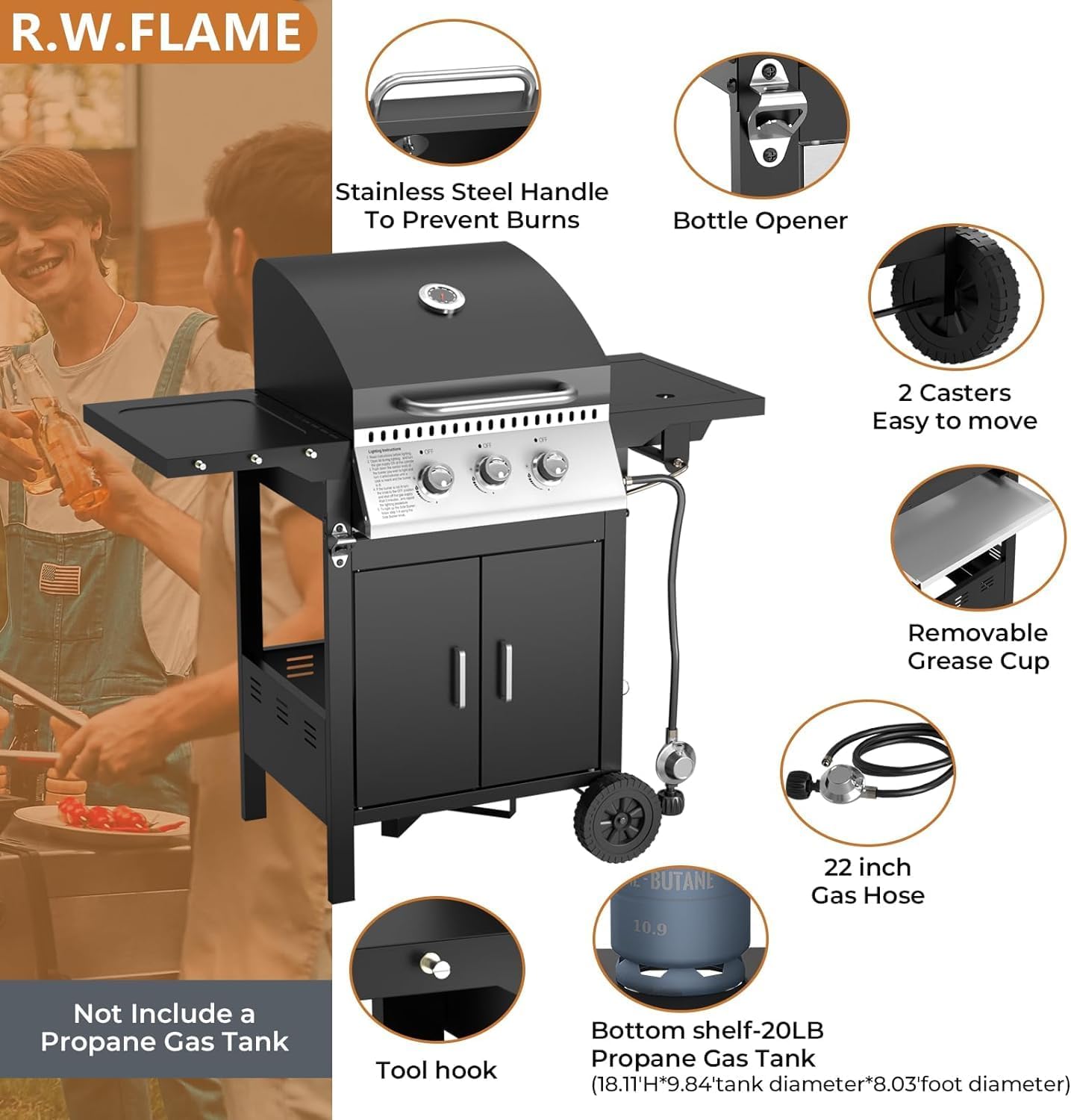 3 Hearth Propane Gas Grill, 355 Sq. Inch Cooking Area, Outdoor Camping Picnic, Black