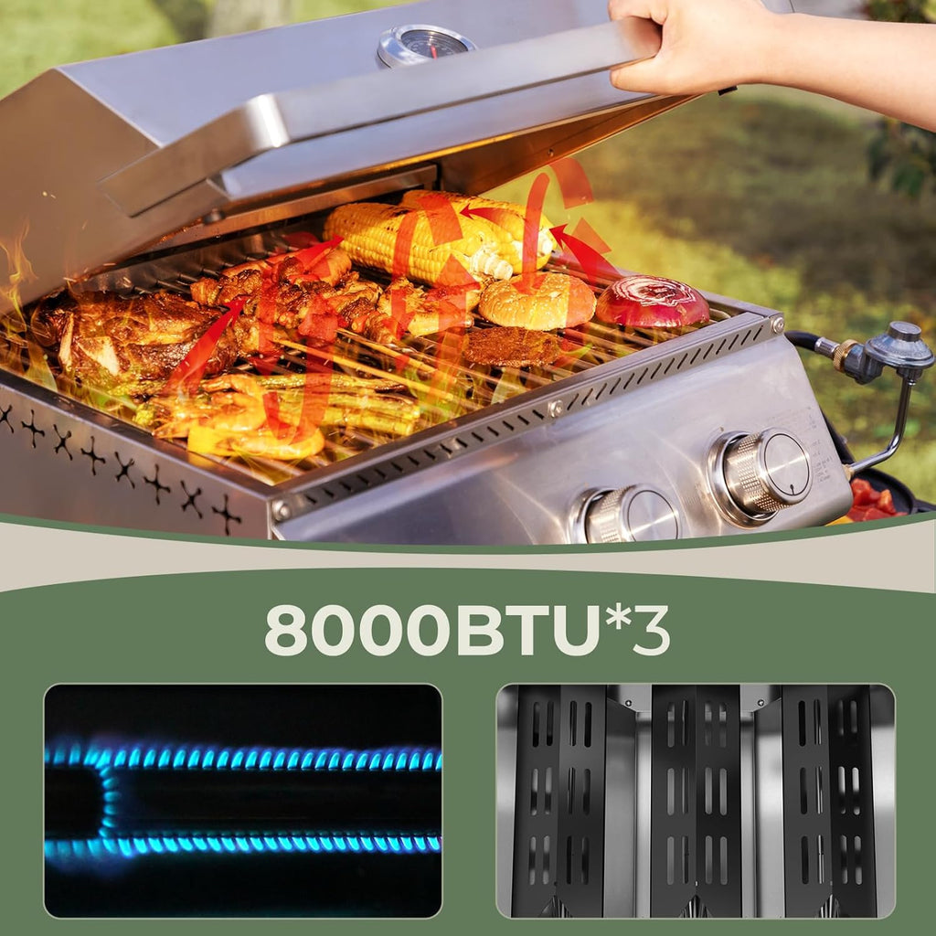 3-Burner Tabletop Portable Propane Gas Grill with Detachable Griddle,24,000 BTU Compact Outdoor BBQ TG0130K