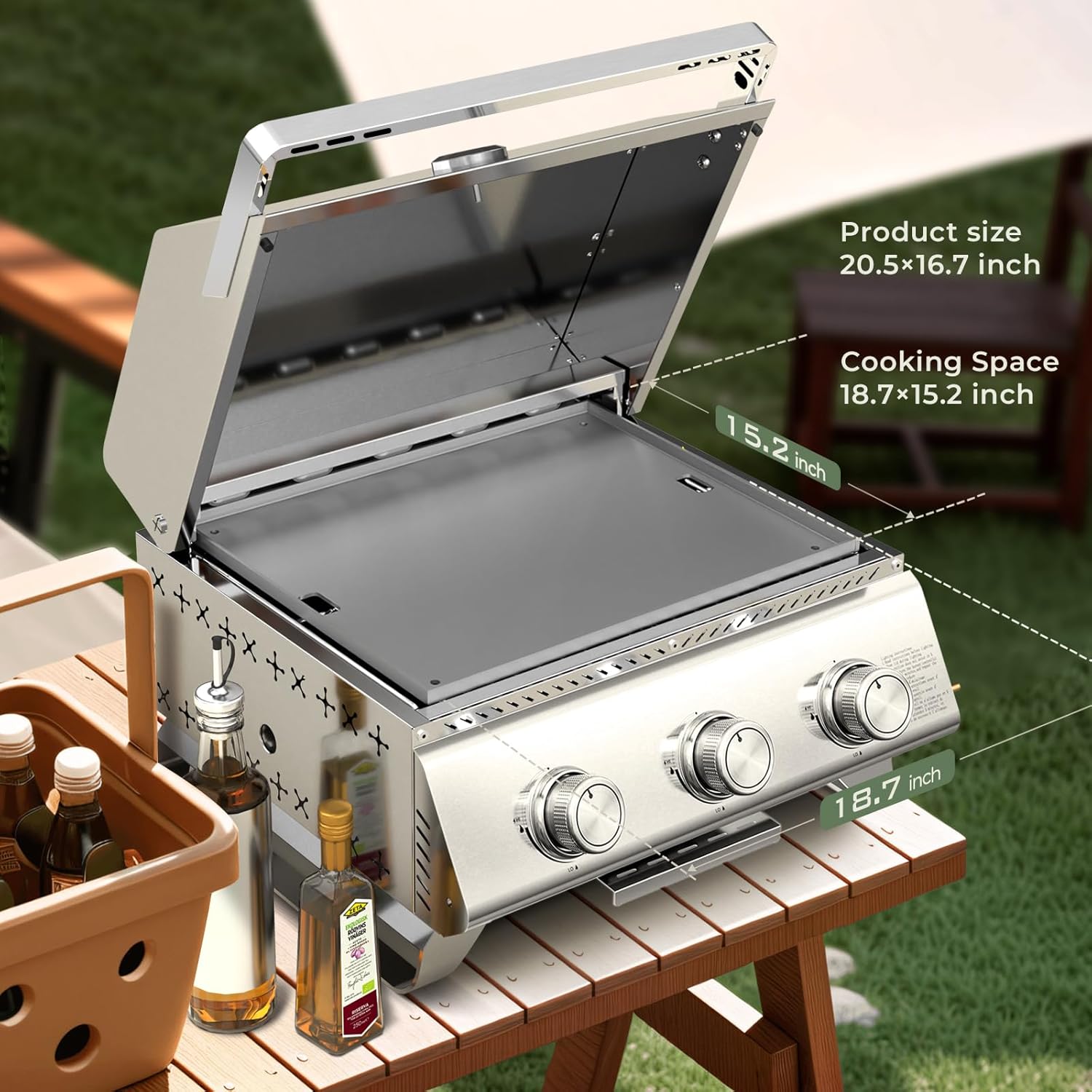 3-Burner Tabletop Portable Propane Gas Grill with Detachable Griddle,24,000 BTU Compact Outdoor BBQ TG0130K