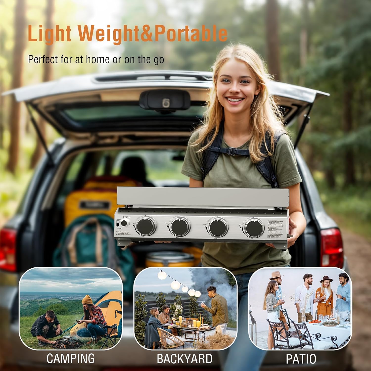 3 Burners Portable Propane Griddle，25 inch Stainless Steel Gas Grill，24,000 BTU Table Top Grill TG0130C