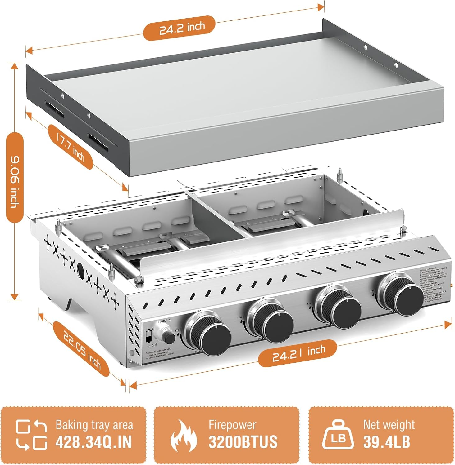 3 Burners Portable Propane Griddle，25 inch Stainless Steel Gas Grill，24,000 BTU Table Top Grill TG0130C