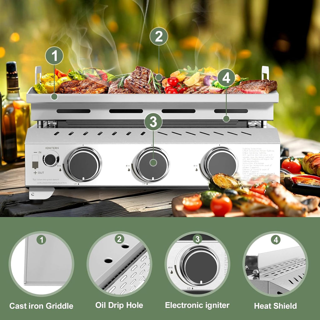 3 Burners Portable Propane Griddle，25 inch Stainless Steel Gas Grill，24,000 BTU Table Top Grill TG0130C