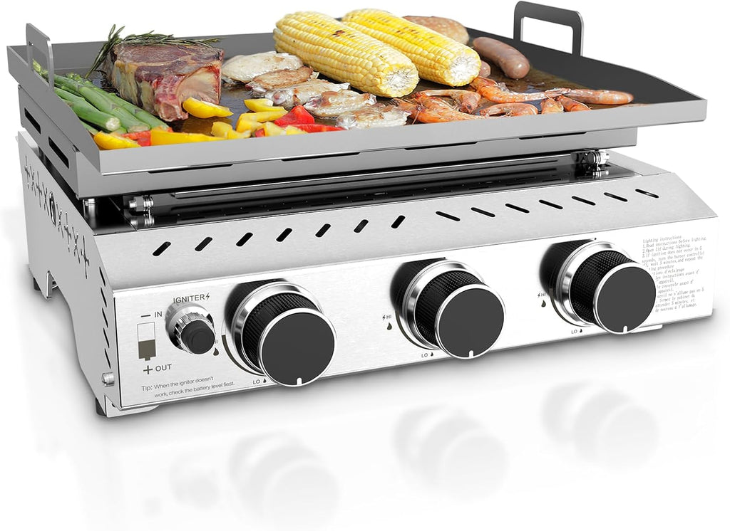 3 Burners Portable Propane Griddle，25 inch Stainless Steel Gas Grill，24,000 BTU Table Top Grill TG0130C
