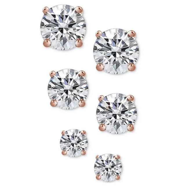 3-Pair Set: Sterling Silver Crystal Stud Earrings