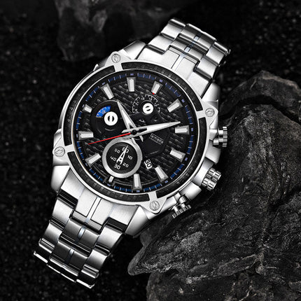 men''s watch fake three eyes luminous men''s watch fashion casual steel band waterproof watch t504g