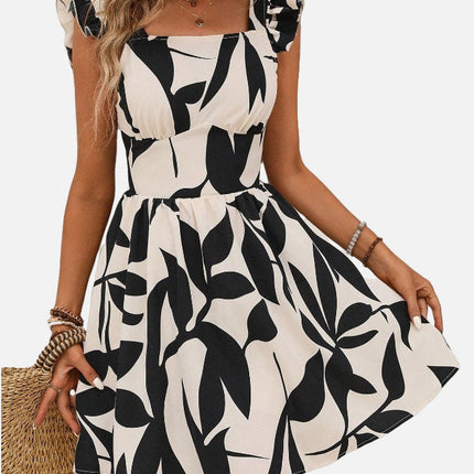 Printed Lace-up Back Backless Frill Holiday Dress