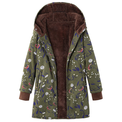 Retro flower print plus size hooded jacket top