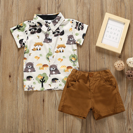 Summer boys and girls suit cartoon printed shirt solid color shorts suit