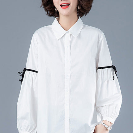 Loose white long-sleeved plus size shirt