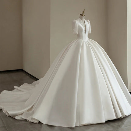 Simple And High-end Mid Sleeved V-neck Wedding Dress