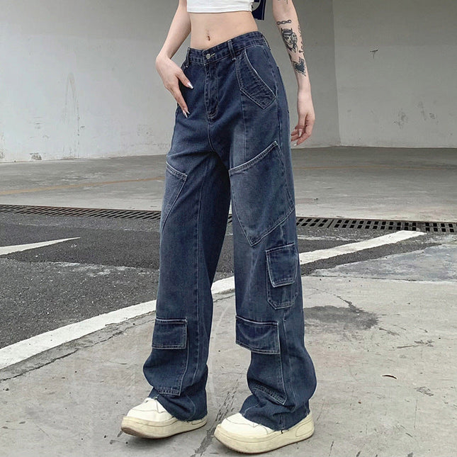 Women's Washed-out Vintage Dark Blue Denim Split Stitching Multi-pocket High Waist Straight All-matching Casual Pants