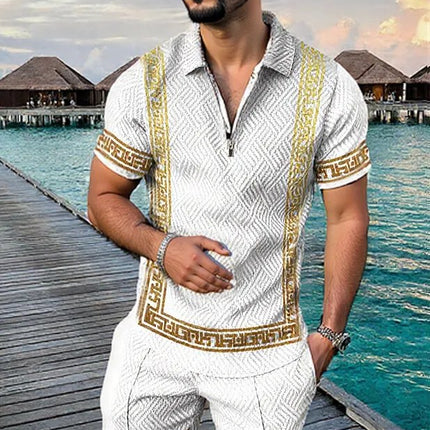 Men's Summer Fashion 3D Printed Short Sleeve Geometric Zip Lapel Shirt Set