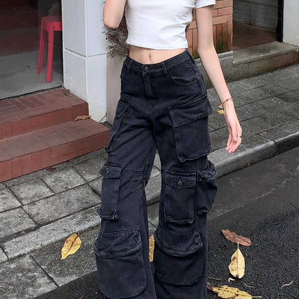 Retro Black Multi-pocket Cargo Pants Women's Loose Jeans