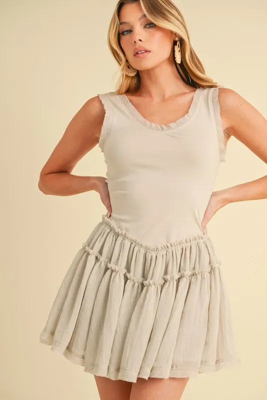 Aemi+Co Frill Sleeveless Drop Waist Mini Dress