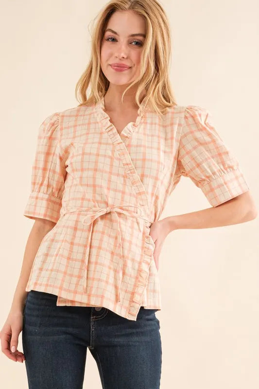 And The Why Plaid Patterned and Ruffled Wrap Blouse Top