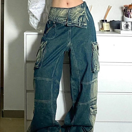 Plus Size Retro Washed Cargo Jeans Women