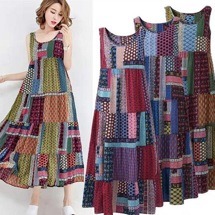 National style printed sleeveless plus size midi skirt