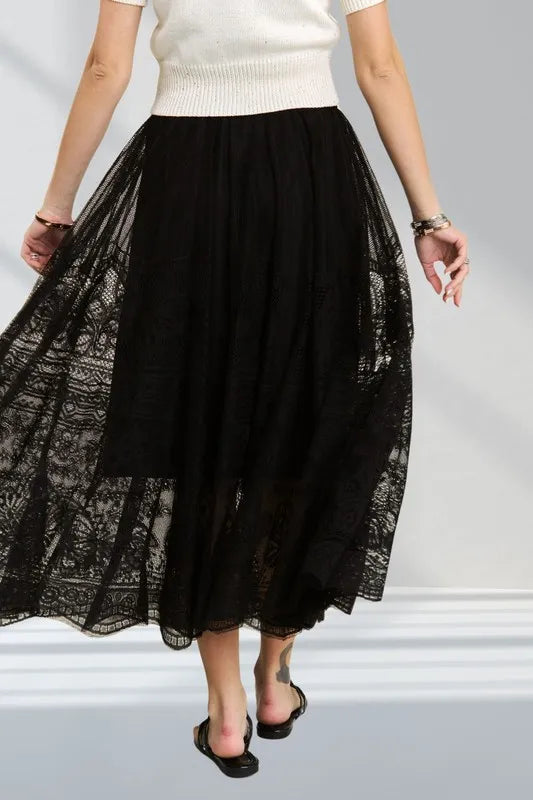 ADORA Elastic Waist Raw Hem Lace Maxi Skirt