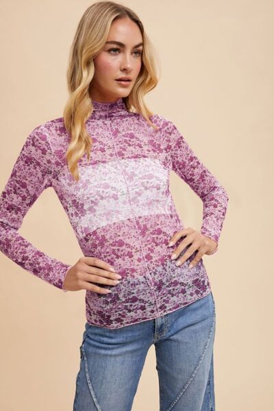 Annie Wear Floral Lettuce Hem Sheer Mesh Top #2