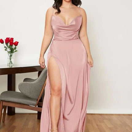 Women's Elegant Backless Split Maxi Dress – High Waist V-Neck Belted Gown
