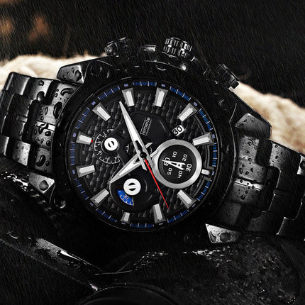 men''s watch fake three eyes luminous men''s watch fashion casual steel band waterproof watch t504g