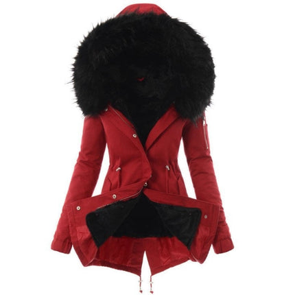 Fur collar drawstring solid color warm cotton coat