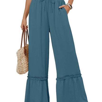 Solid Color High Waist Casual Pants Women's Drawstring Wide Leg Pants